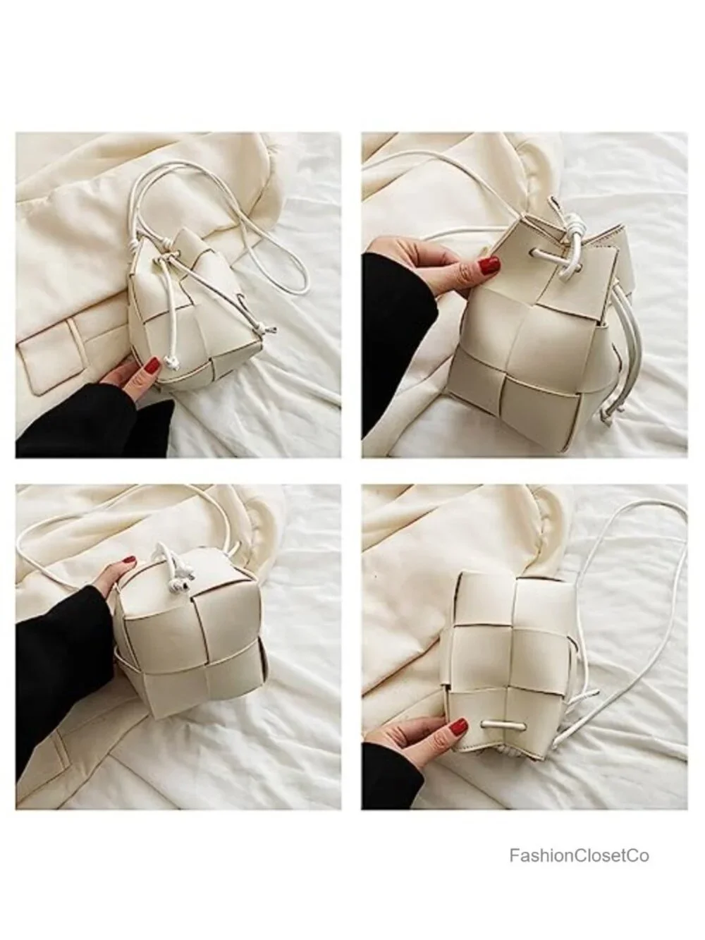 Mini Woven Bucket Bag, Faux Leather Drawstring Crossbody Handbag